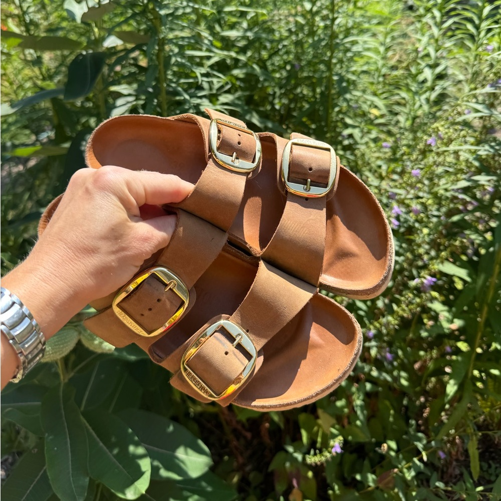 Brown Birkenstocks with Gold Buckles